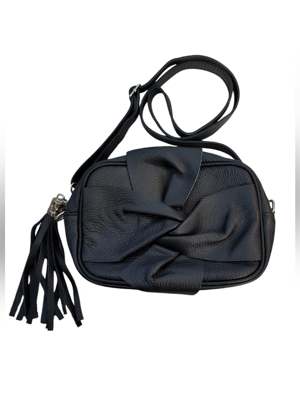 Borse In Pelle Made In Italy Pebbled Leather Black Bow Crossbody Shoulder Bag